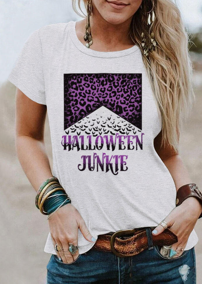 

Halloween Junkie Leopard O-Neck T-Shirt Tee - Light Grey, Gray, SCM004973