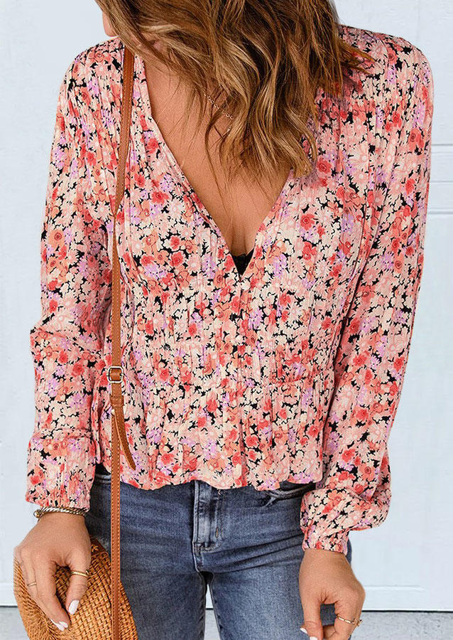 

Floral Ruffled Long Sleeve V-Neck Blouse, Multicolor, SCM004993