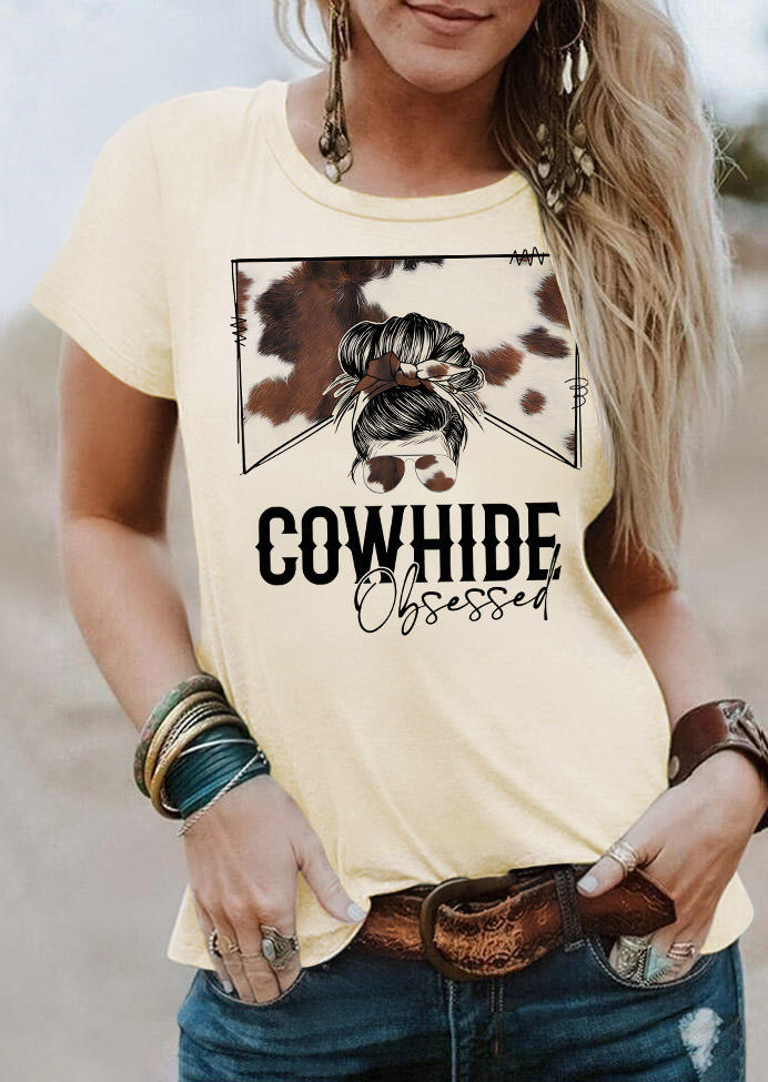 Cowhide Obsessed O-Neck T-Shirt Tee - Apricot