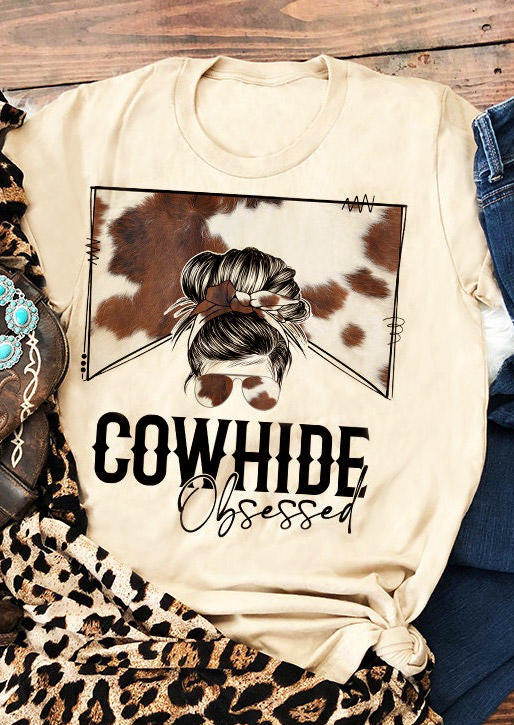 

Cowhide Obsessed O-Neck T-Shirt Tee - Apricot, SCM005011