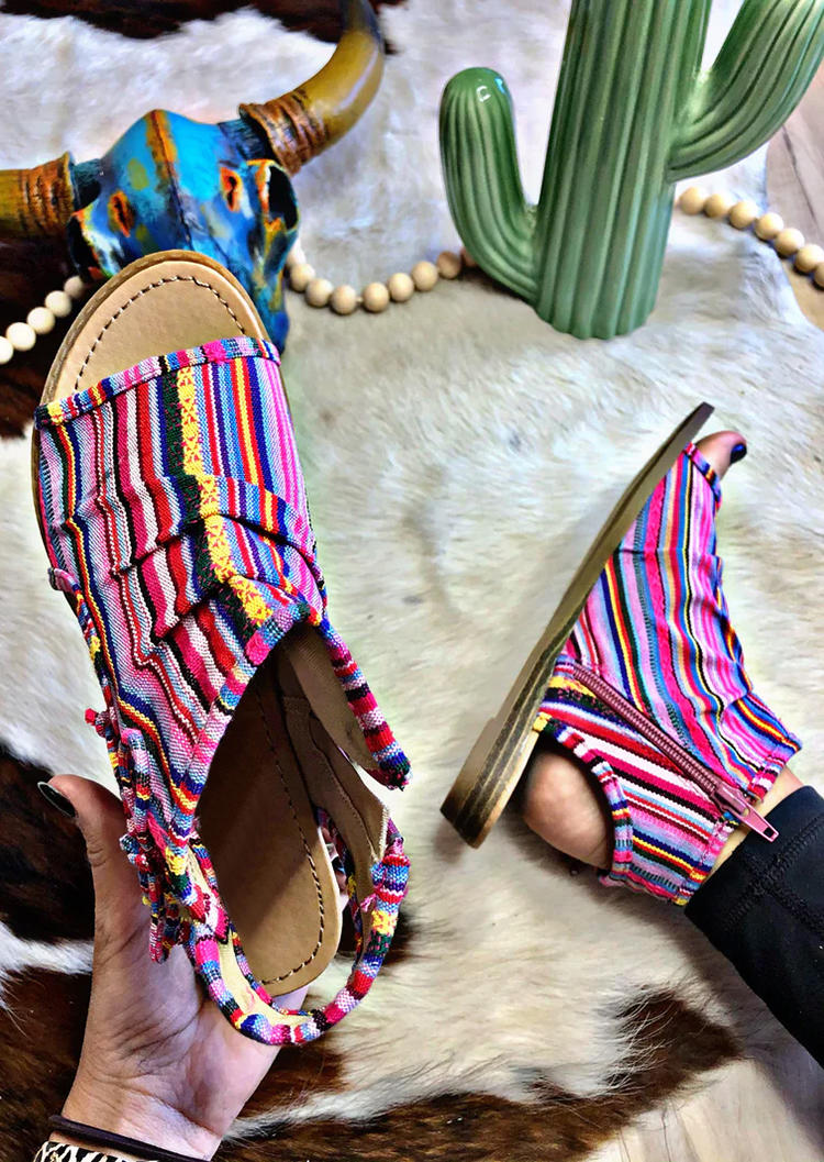 

Serape Striped Zipper Round Toe Flat Sandals, Multicolor, SCM005019