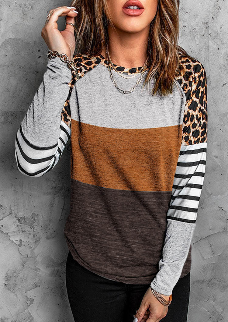 

Leopard Striped Color Block Long Sleeve Blouse, Multicolor, SCM005045