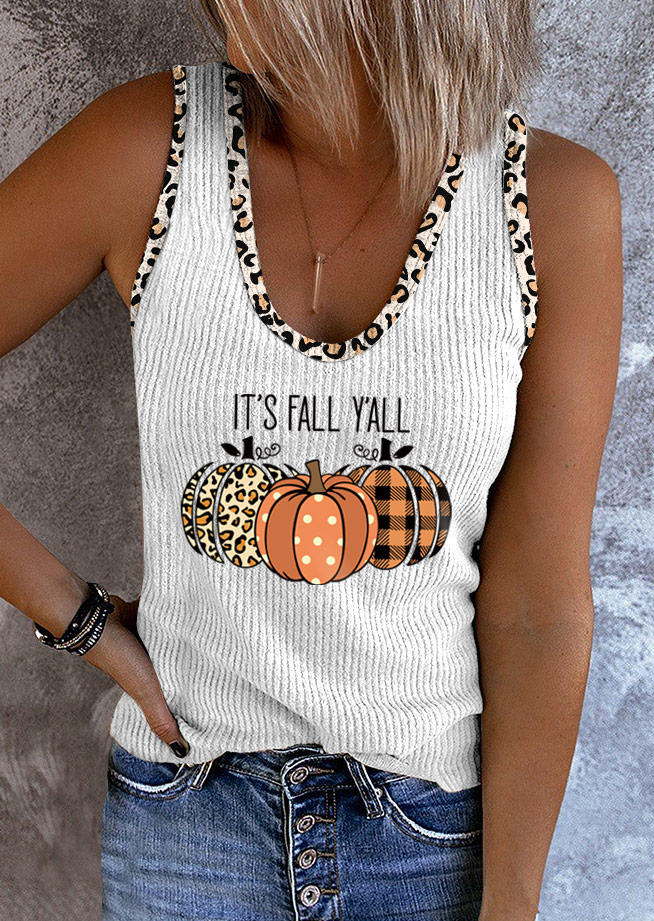 

It' Fall Y'all Plaid Leopard Polka Dot Pumpkin Tank - White, SCM005046