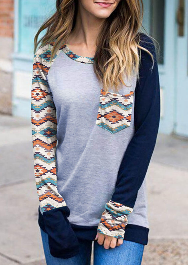 

Aztec Geometric Pocket O-Neck Blouse, Multicolor, SCM005076