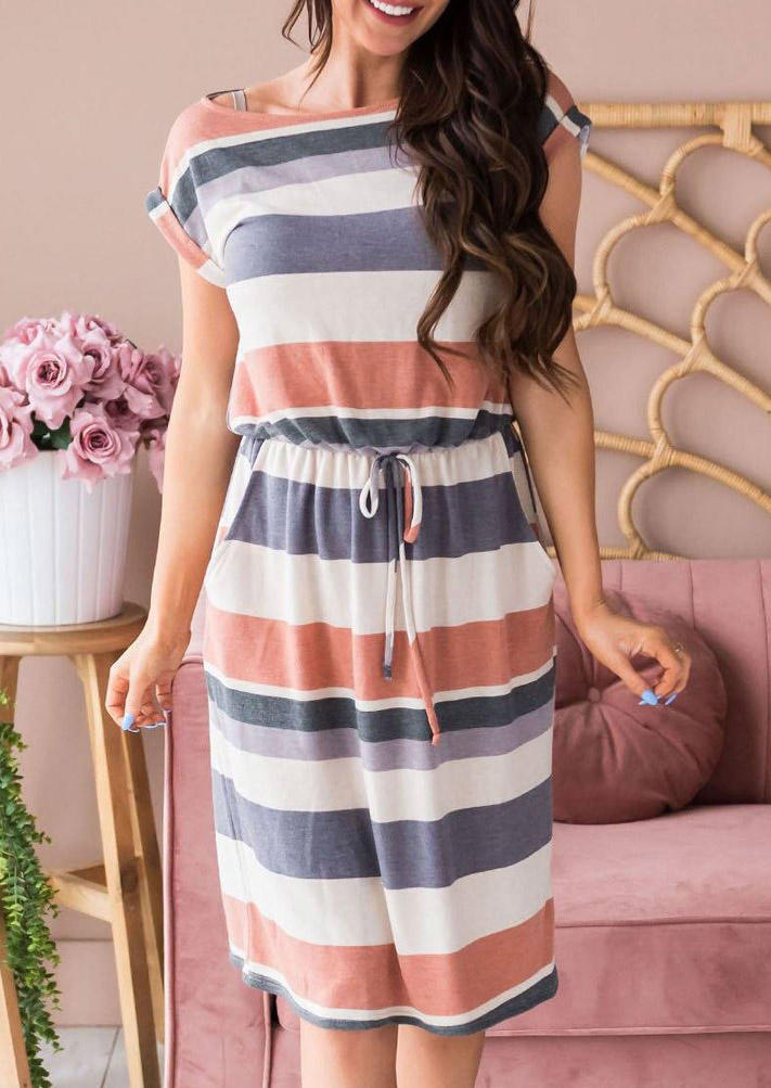 

Colorful Striped Pocket Short Sleeve Midi Dress, Multicolor, SCM005098