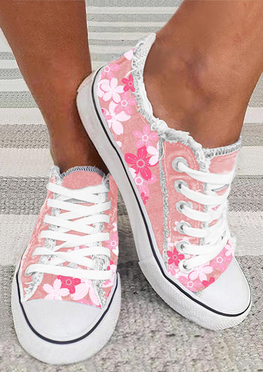 

Cherry Blossoms Lace Up Frayed Flat Sneakers - Pink, SCM005122