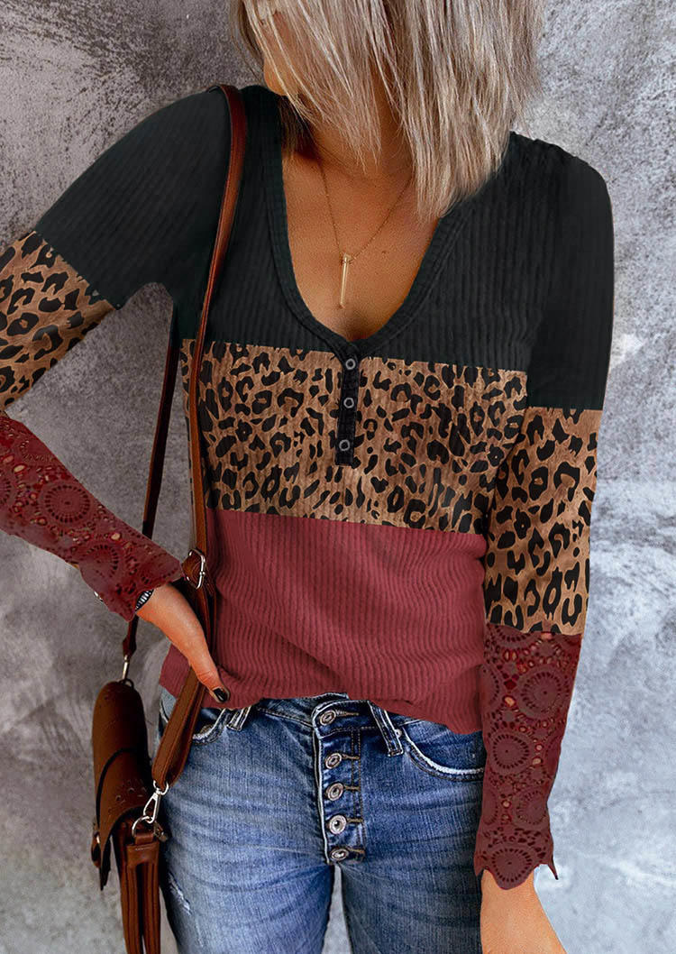

Lace Splicing Leopard Snap Button Blouse, Multicolor, SCM003982