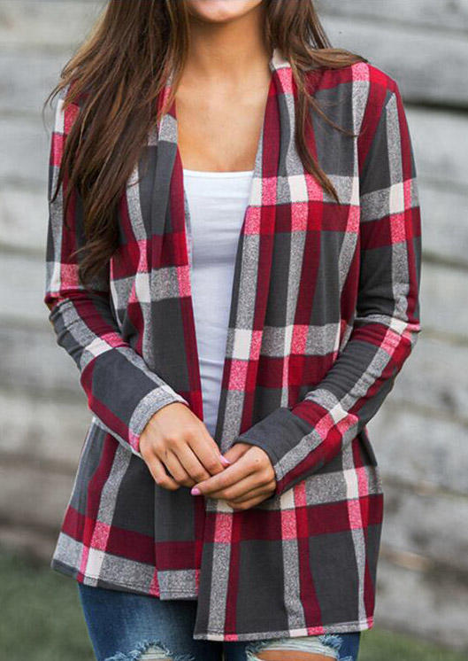 

Plaid Long Sleeve Casual Cardigan, SCM004657