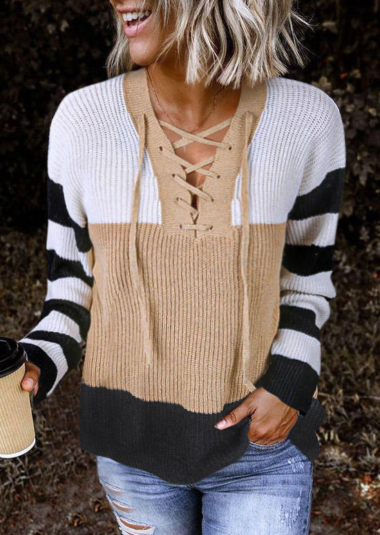 

Color Block Lace Up Casual Knitted Sweater, Multicolor, SCM004814