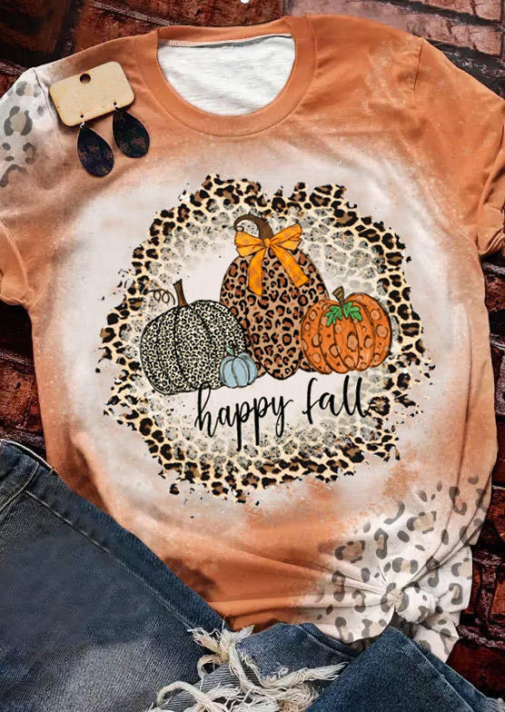 

Happy Fall Leopard Pumpkin Bleached T-Shirt Tee - Orange, SCM004888