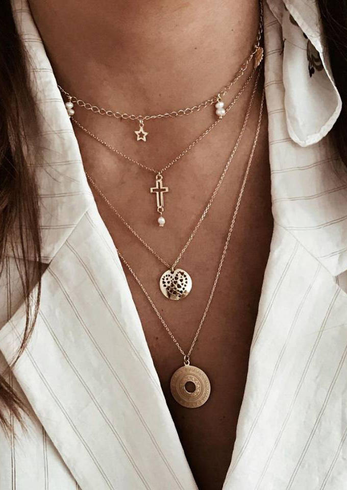 

Multi-Layered Cross Star Pendant Necklace, Gold, SCM005004
