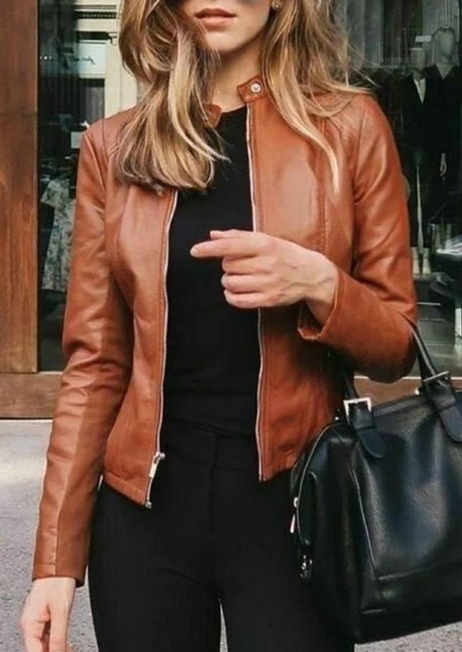 

Zipper Button PU Leather Jacket - Brown, SCM005037