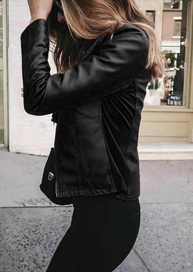Button Zipper PU Leather Jacket - Black