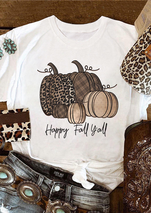 Happy Fall Y'all Leopard Pumpkin T-Shirt Tee - White SCM005091