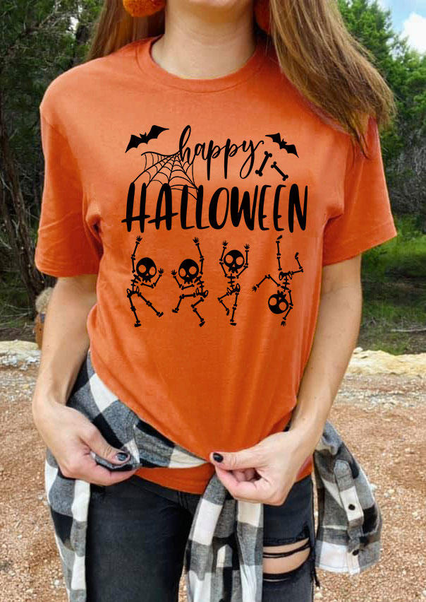 Happy Halloween Skeleton T-Shirt Tee - Orange