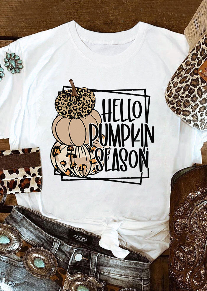 

Hello Pumpkin Season Leopard O-Neck T-Shirt Tee - White, SCM005176