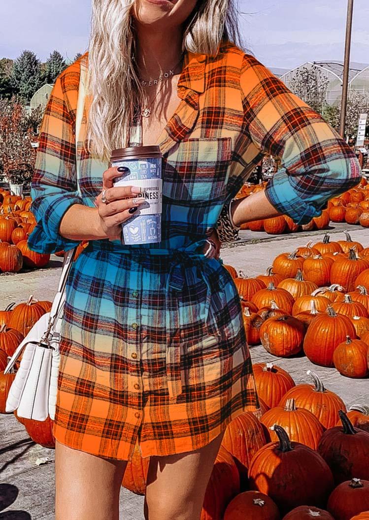 

Gradient Plaid Button Turn-Down Collar Mini Dress, Multicolor, SCM005191