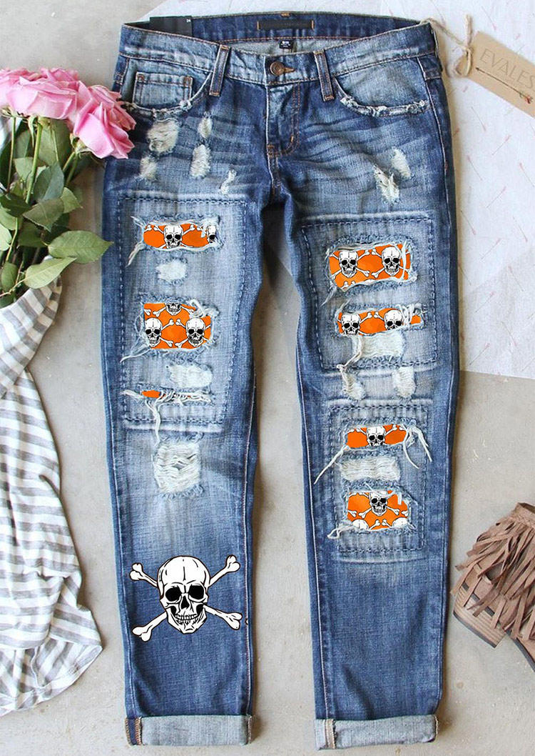 

Skeleton Ripped Denim Pants - Blue, SCM005258