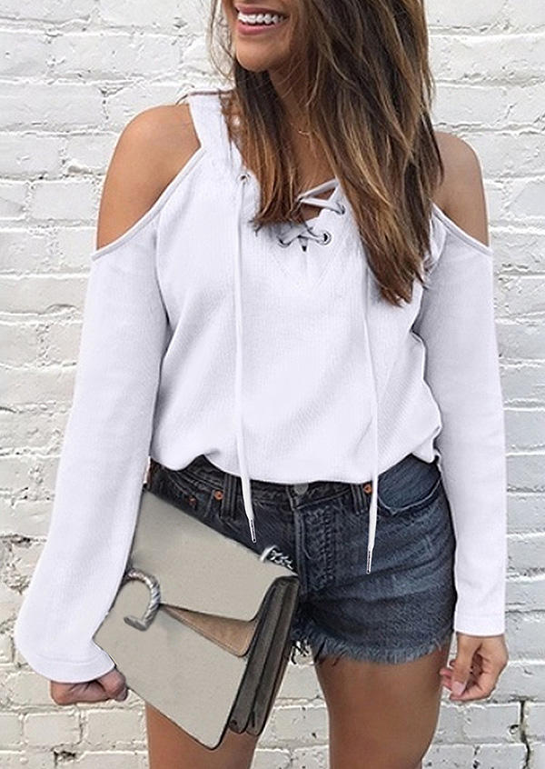 

Lace Up Cold Shoulder Casual Blouse - White, SCM004712