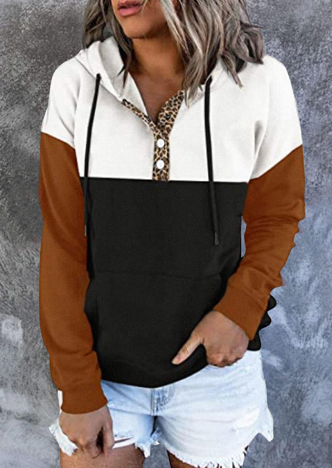 

Color Block Leopard Drawstring Button Hoodie, Multicolor, SCM004743