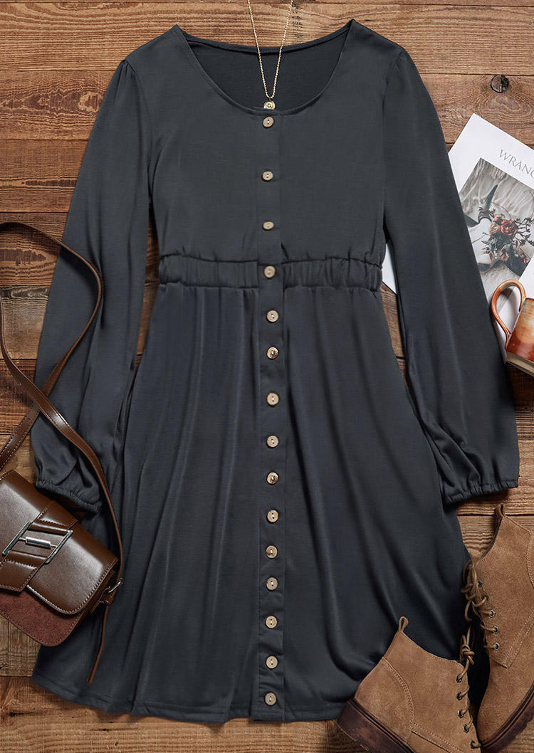 Button Long Sleeve Mini Dress - Dark Grey