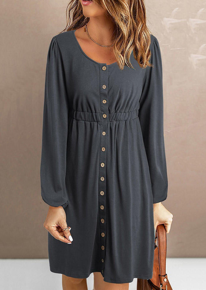 Button Long Sleeve Mini Dress - Dark Grey