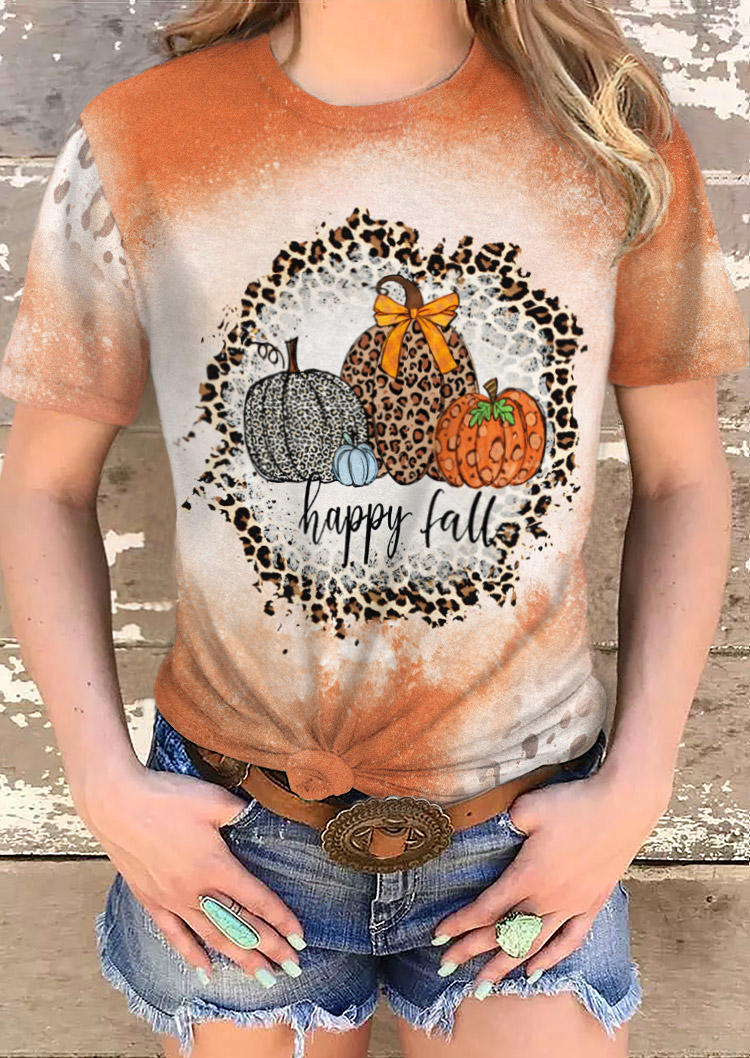 Happy Fall Leopard Pumpkin Bleached T-Shirt Tee - Orange