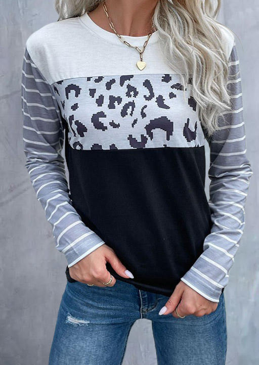 

Leopard Striped Color Block O-Neck Blouse, Multicolor, SCM004981