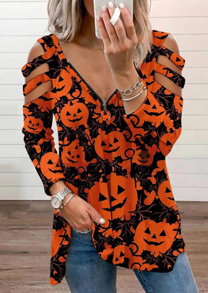 

Pumpkin Face Zipper Collar Blouse - Orange, SCM005040