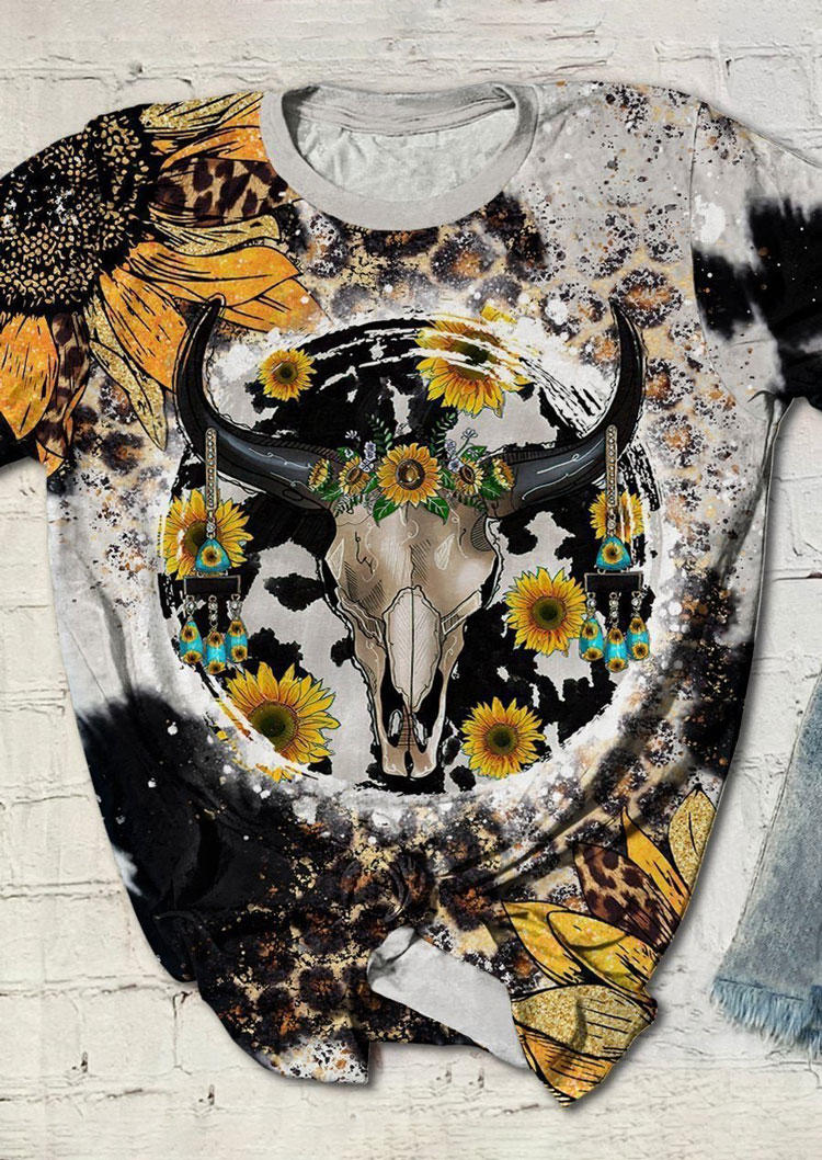 

Leopard Sunflower Steer Skull T-Shirt Tee, Multicolor, SCM005071