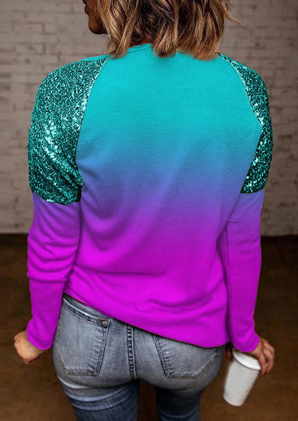 Gradient Sequined Long Sleeve O-Neck Blouse