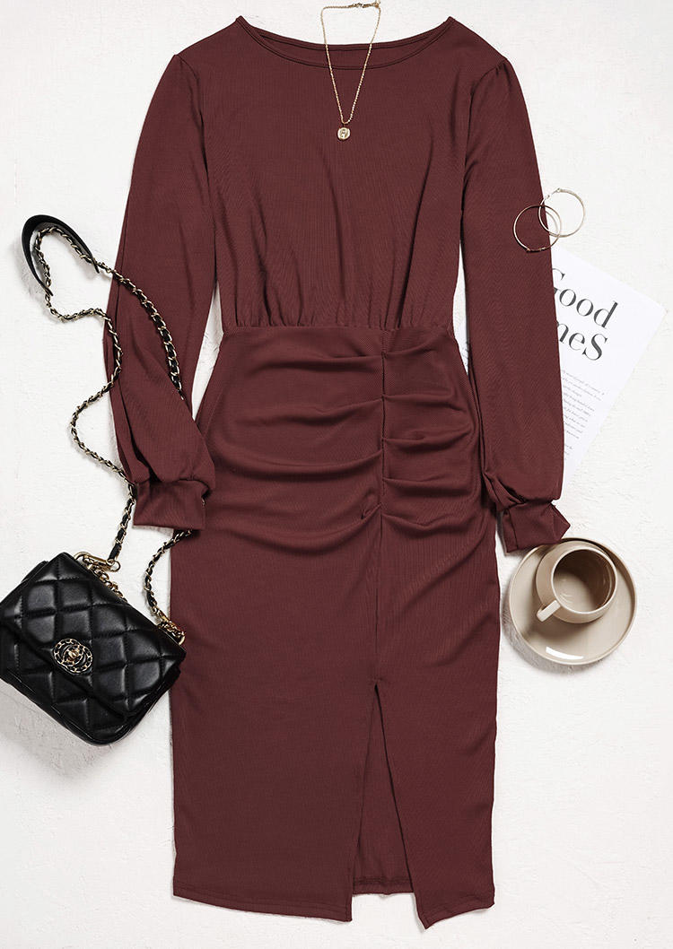 Ruched Slit Long Sleeve O-Neck Midi Dress - Dark Brown