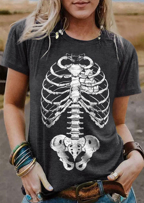 

Skeleton O-Neck Casual T-Shirt Tee - Dark Grey, Gray, SCM005177