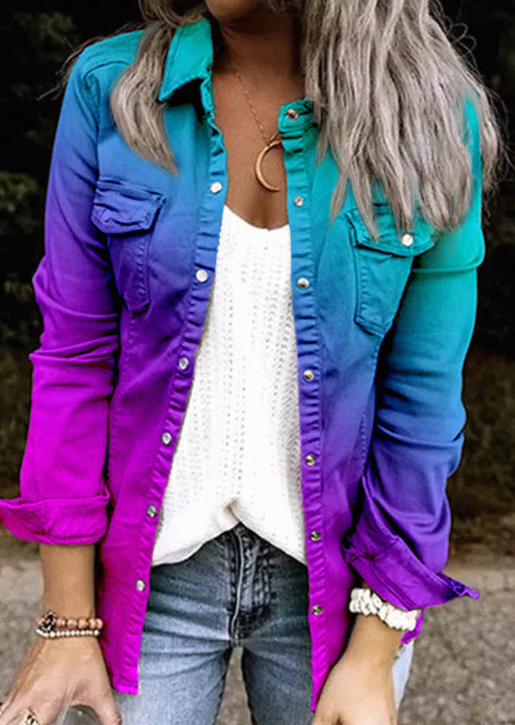 

Gradient Snap Button Pocket Ruffled Long Sleeve Jacket, Multicolor, SCM005214