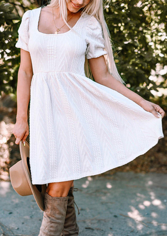 

Crochet Open Back Tie Puff Sleeve Mini Dress - White, SCM005239