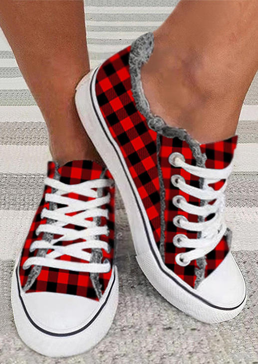 

Buffalo Plaid Lace Up Frayed Hem Sneakers - Red, 520508