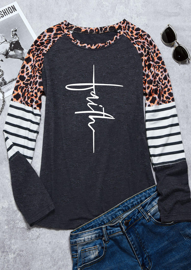 Leopard Striped Long Sleeve T-Shirt Tee without Necklace - Dark Grey