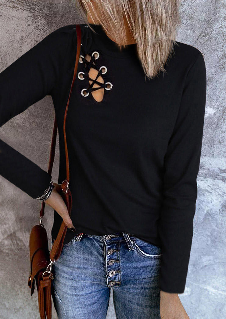 

Lace Up Long Sleeve Stand Collar Blouse - Black, SCM004819