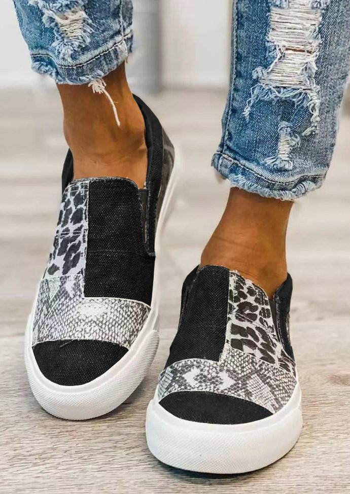 

Snake Skin Leopard Round Toe Flat Sneakers - Black, SCM004882