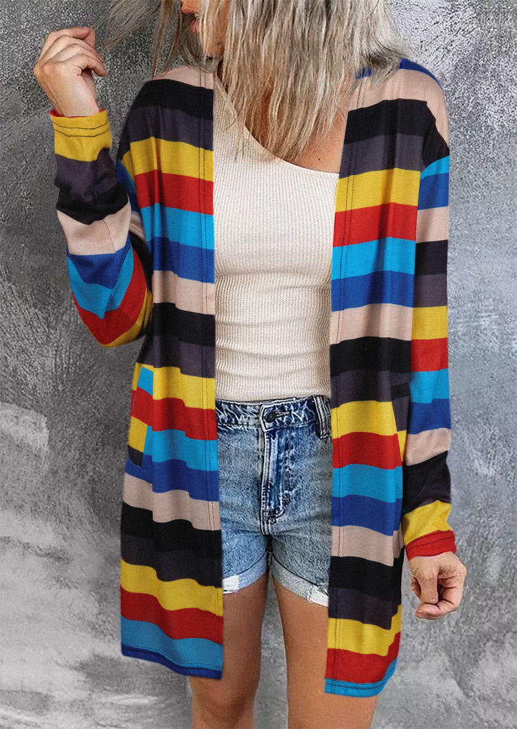 

Colorful Striped Pocket Long Sleeve Open Front Cardigan, Multicolor, SCM004926