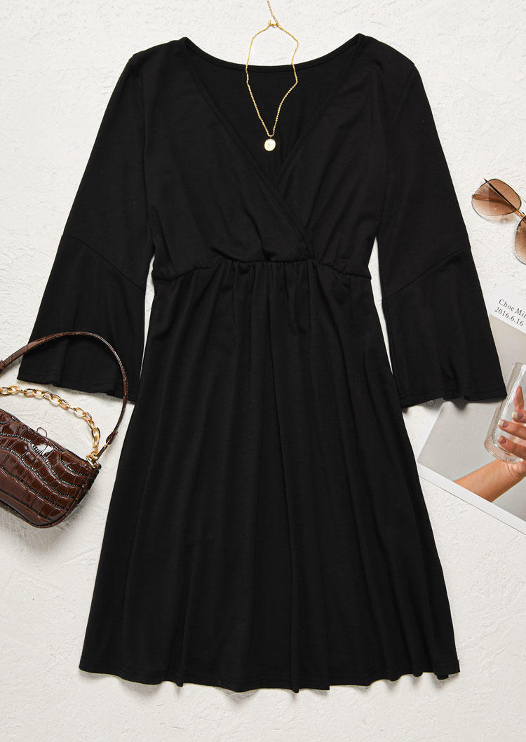 Ruffled Wrap Long Sleeve Mini Dress - Black