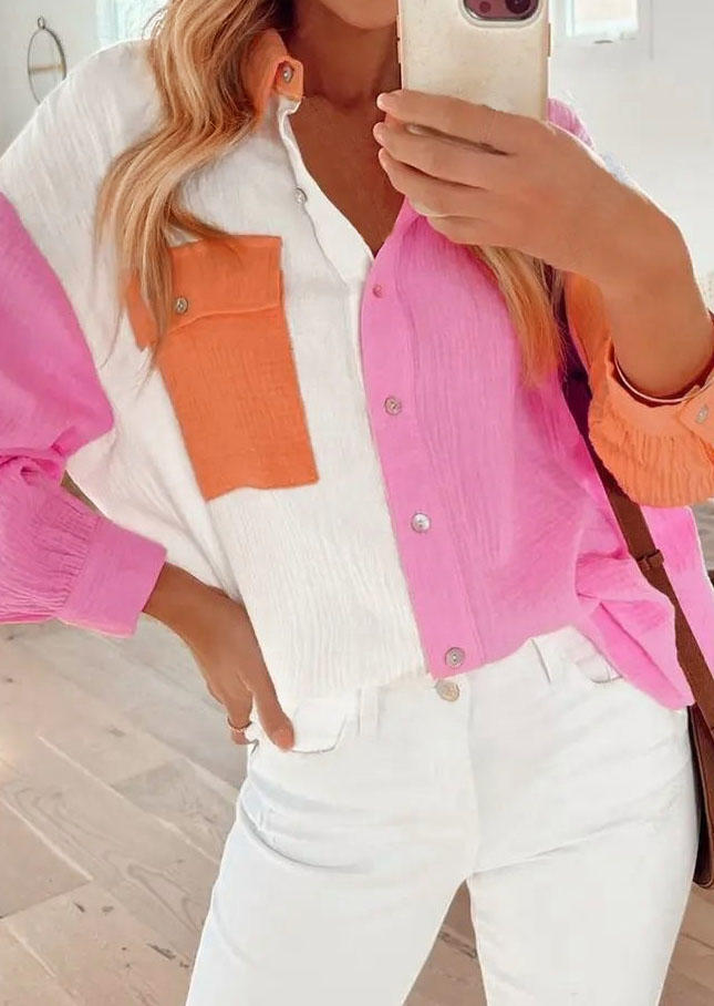 

Color Block Pocket Long Sleeve Shirt, Multicolor, SCM005065