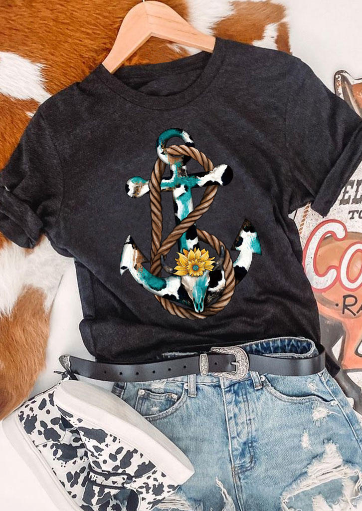 

Cow Steer Skull Anchor Floral T-Shirt Tee - Dark Grey, Gray, SCM005158