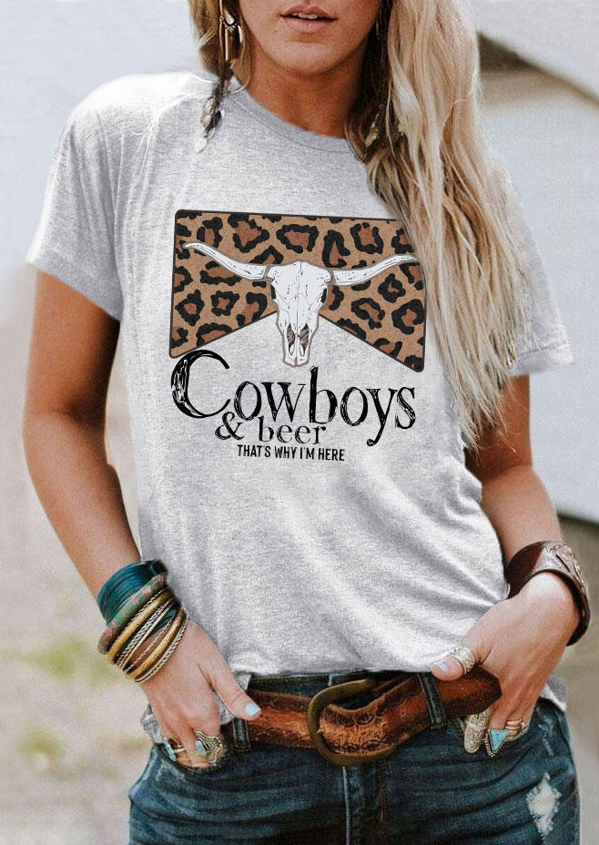 Cowboys & Beer That's Why I'm Here Leopard Steer Skull T-Shirt Tee - Light Grey