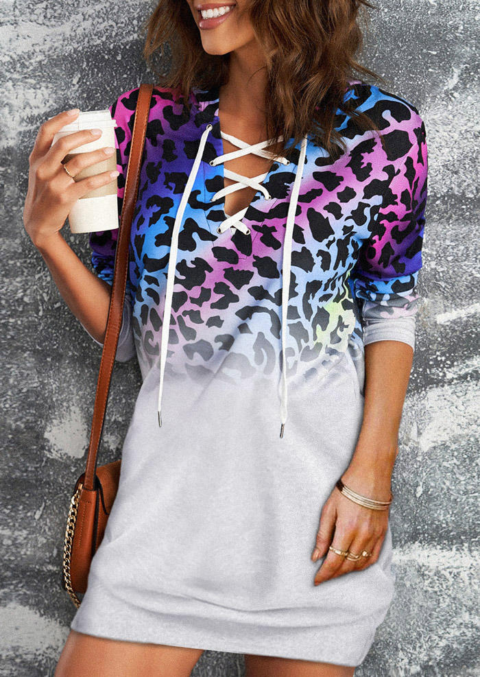 

Colorful Leopard Gradient Lace Up Hooded Mini Dress, SCM005247