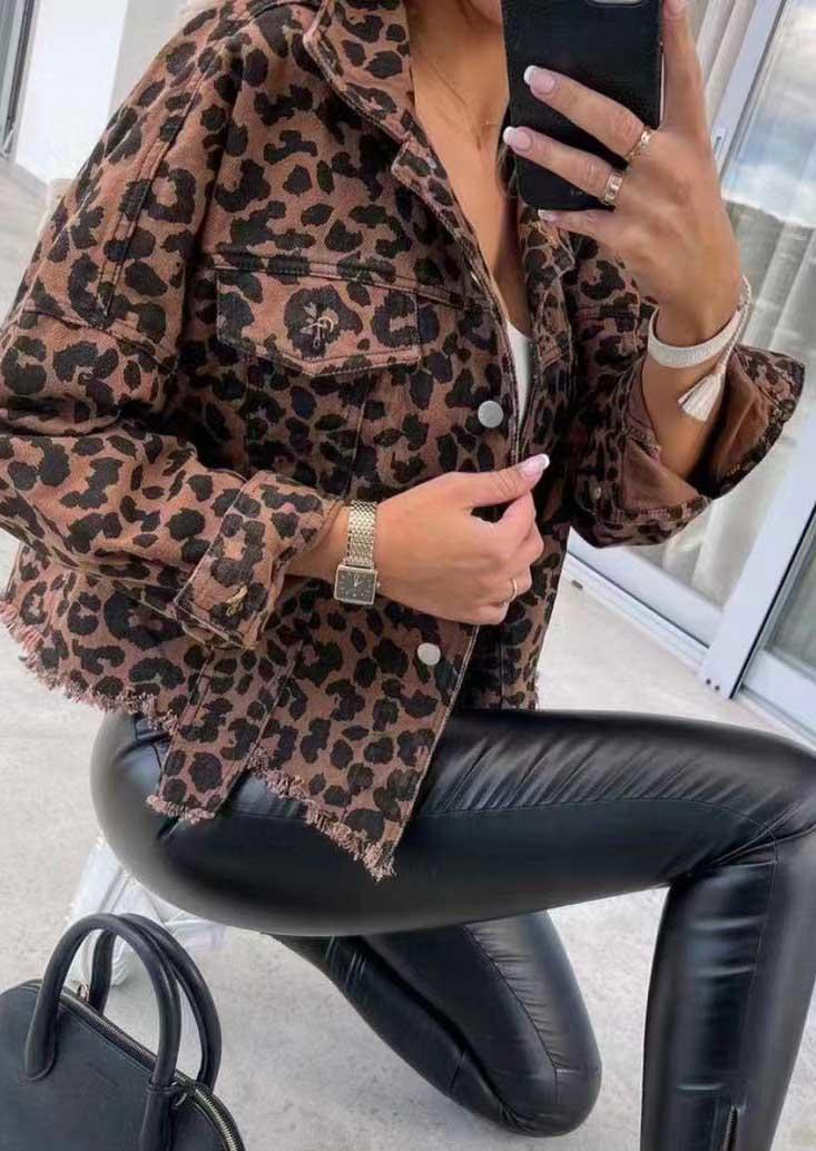 Leopard Pocket Turn-Down Collar Jacket