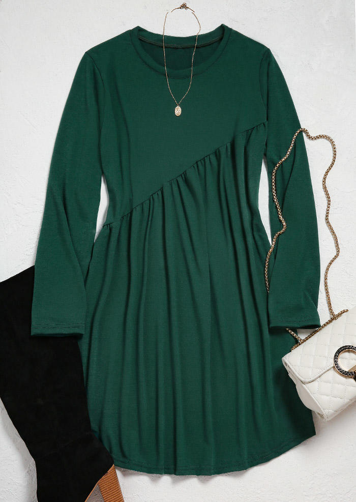 Ruffled Long Sleeve O-Neck Mini Dress - Green