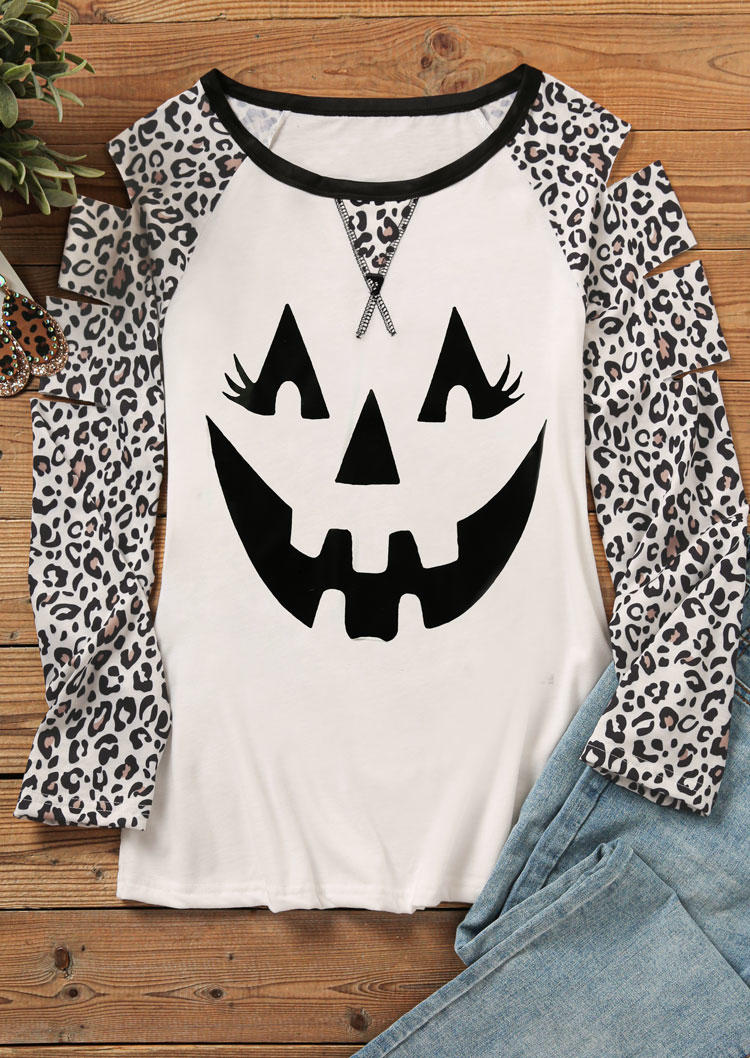 Halloween Pumpkin Face Leopard Hollow Out Blouse - White