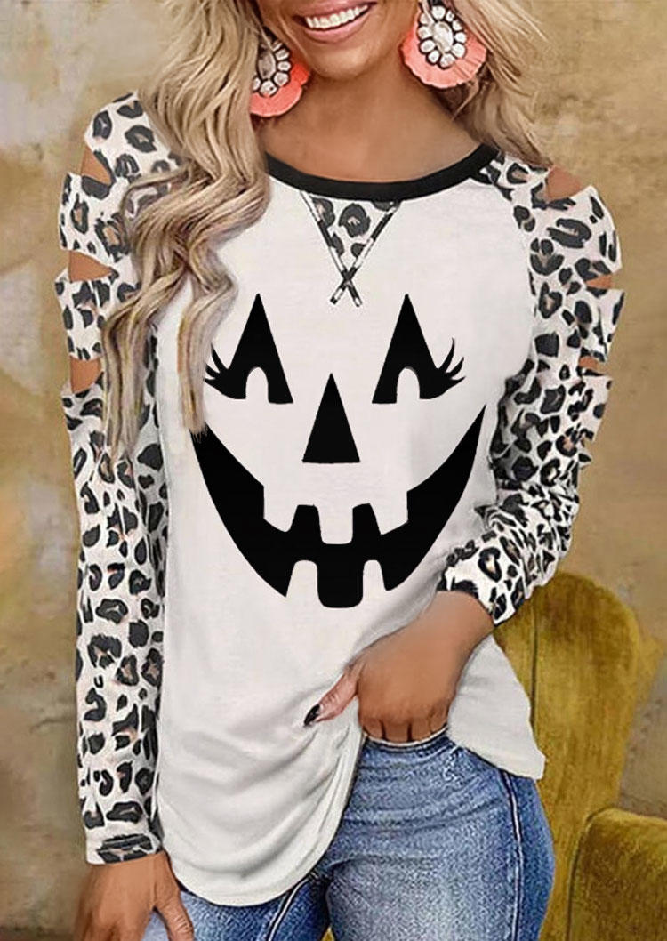 

Halloween Pumpkin Face Leopard Hollow Out Blouse - White, SCM004737