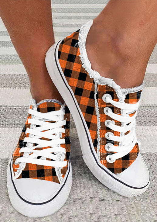 Plaid Lace Up Flat Sneakers - Orange